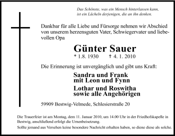 Traueranzeige von Günter Sauer von Tageszeitung