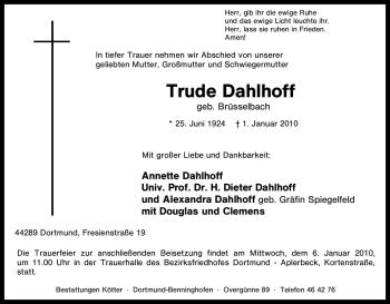 Traueranzeige von Trude Dahlhoff von Tageszeitung