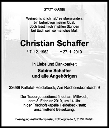 Traueranzeige von Christian Schaffer von Tageszeitung