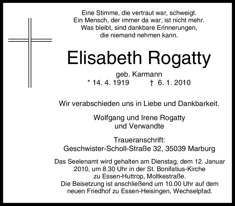  Traueranzeige für Elisabeth Rogatty vom 09.01.2010 aus Tageszeitung