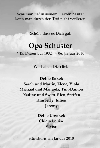 Traueranzeige von Opa Schuster von Tageszeitung