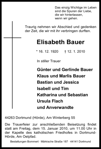 Traueranzeige von Elisabeth Bauer von Tageszeitung