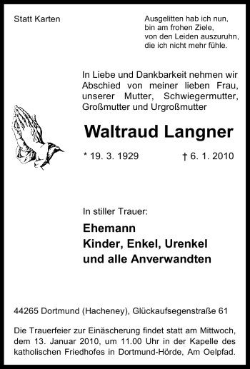 Traueranzeige von Waltraud Langner von Tageszeitung
