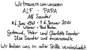Traueranzeige von Alf Sander von Tageszeitung