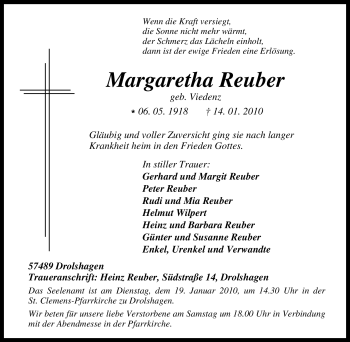 Traueranzeige von Margaretha Reuber von Tageszeitung