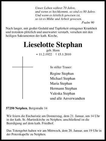 Traueranzeige von Lieselotte Stephan von Tageszeitung