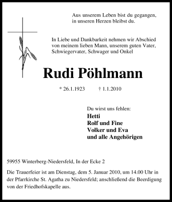 Traueranzeige von Rudi Pöhlmann von Tageszeitung