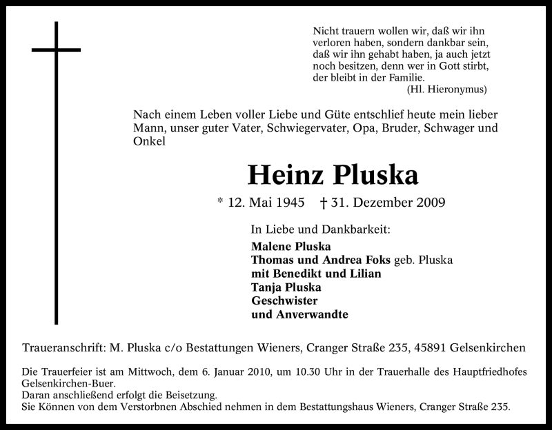  Traueranzeige für Heinz Pluska vom 04.01.2010 aus Tageszeitung