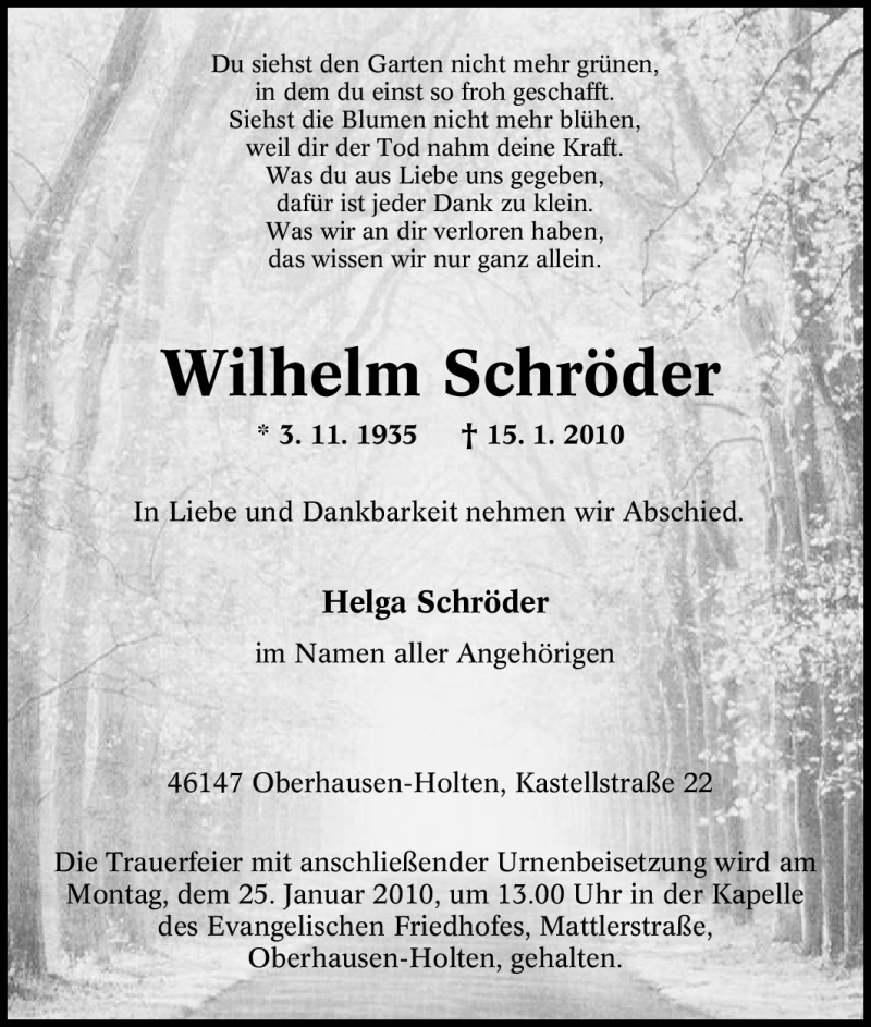  Traueranzeige für Wilhelm Schröder vom 20.01.2010 aus Tageszeitung