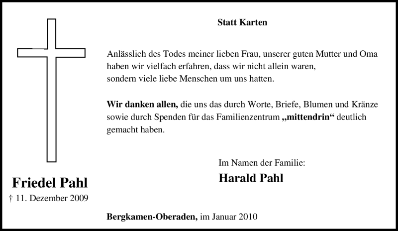  Traueranzeige für Friedel Pahl vom 16.01.2010 aus Tageszeitung
