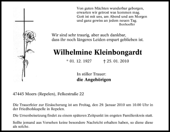 Traueranzeige von Wilhelmine Kleinbongardt von Tageszeitung