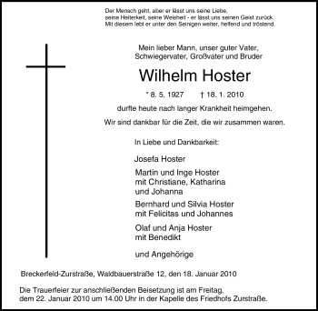 Traueranzeige von Wilhelm Hoster von Tageszeitung