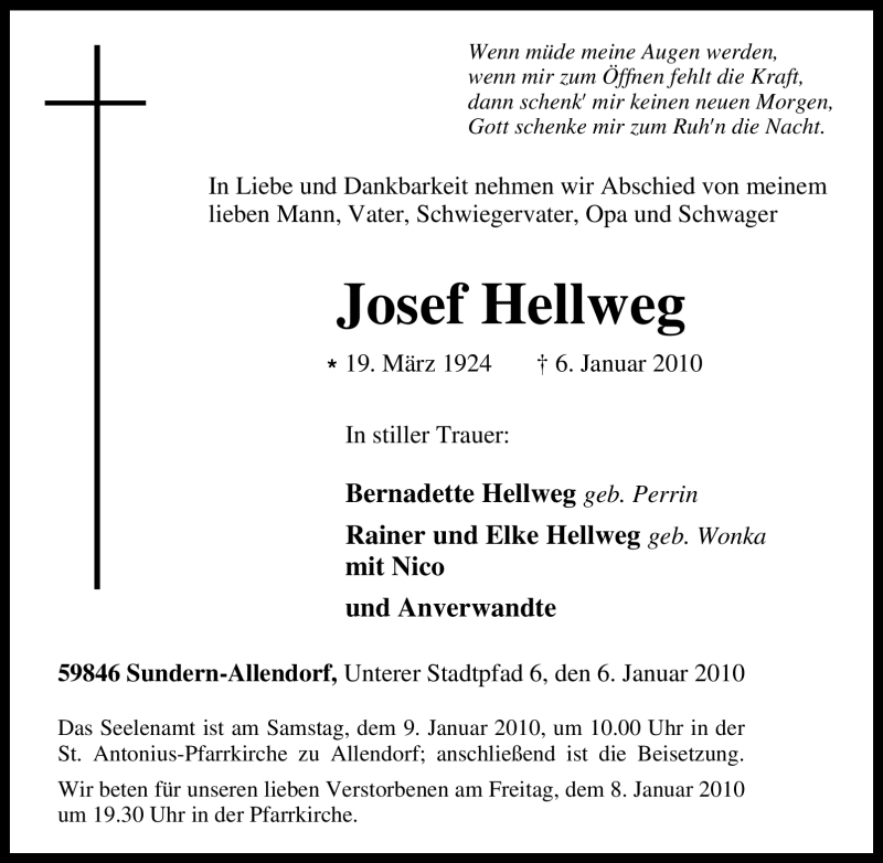 Traueranzeigen Von Josef Hellweg Trauer In Nrw De