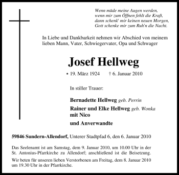 Traueranzeige von Josef Hellweg von Tageszeitung