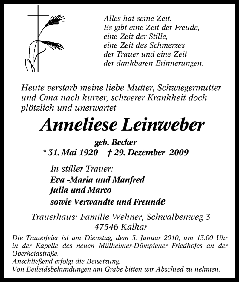  Traueranzeige für Anneliese Leinweber vom 02.01.2010 aus Tageszeitung