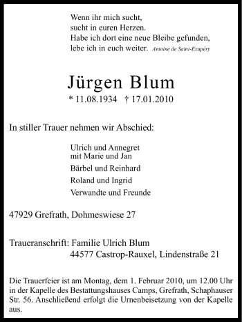 Traueranzeige von Jürgen Blum von Tageszeitung