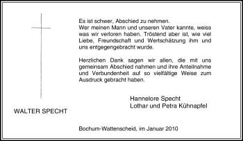 Traueranzeige von Walter Specht von Tageszeitung