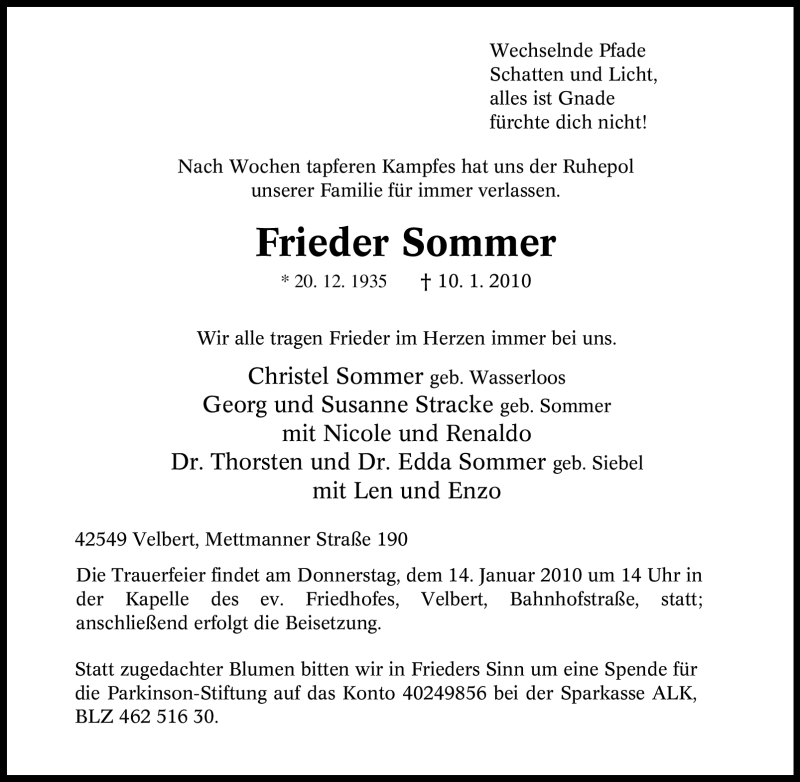  Traueranzeige für Frieder Sommer vom 13.01.2010 aus Tageszeitung