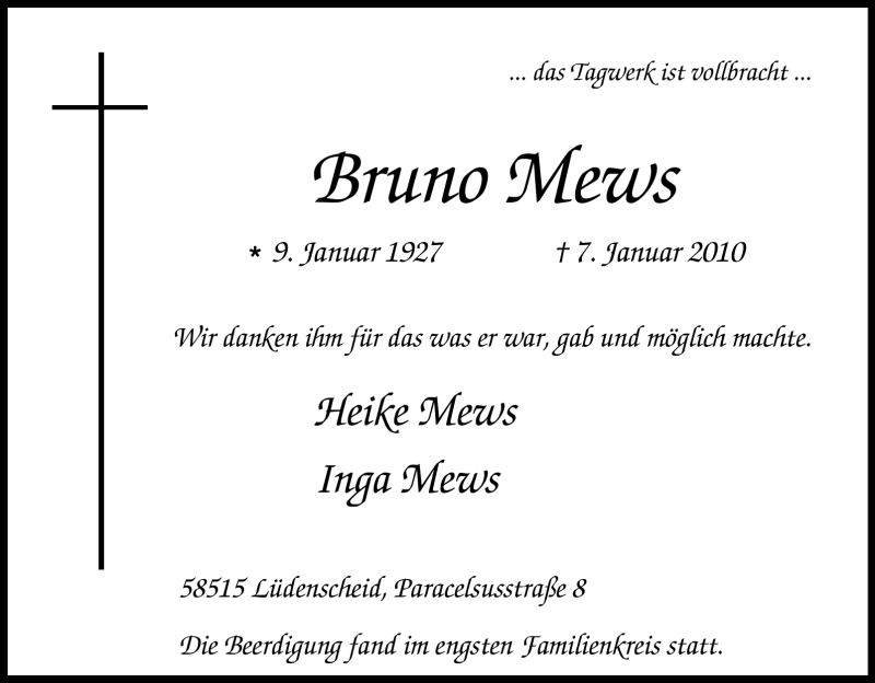  Traueranzeige für Bruno Mews vom 14.01.2010 aus Tageszeitung