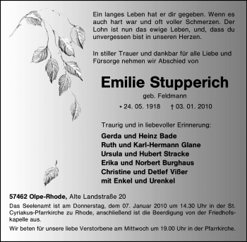 Traueranzeige von Emilie Stupperich von Tageszeitung