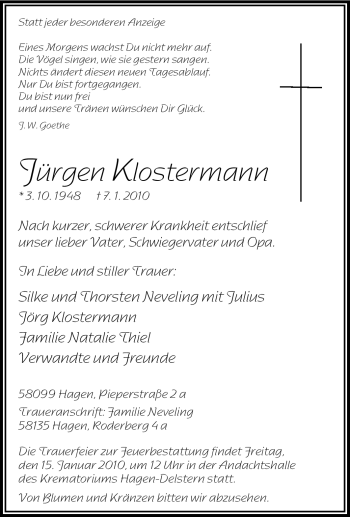 Traueranzeige von Jürgen Klostermann von Tageszeitung