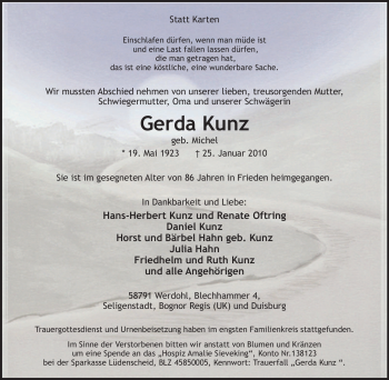 Traueranzeige von Gerda Kunz von Tageszeitung