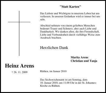 Traueranzeige von Heinz Arens von Tageszeitung