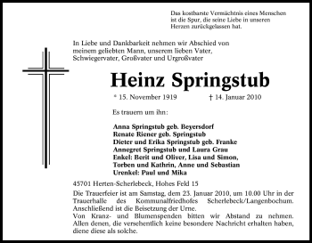 Traueranzeige von Heinz Springstub von Tageszeitung