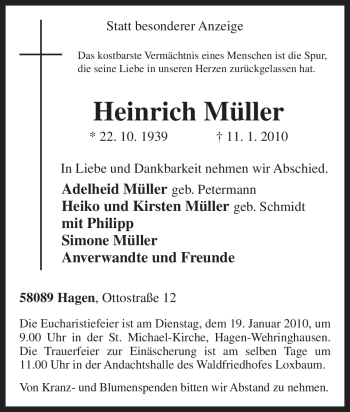 Traueranzeige von Heinrich Müller von Tageszeitung