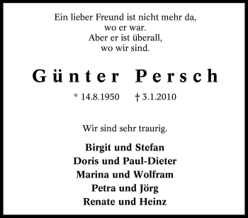 Traueranzeige von Günter Persch von Tageszeitung