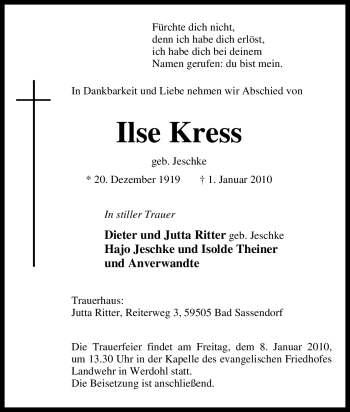 Traueranzeige von Ilse Kress von Tageszeitung