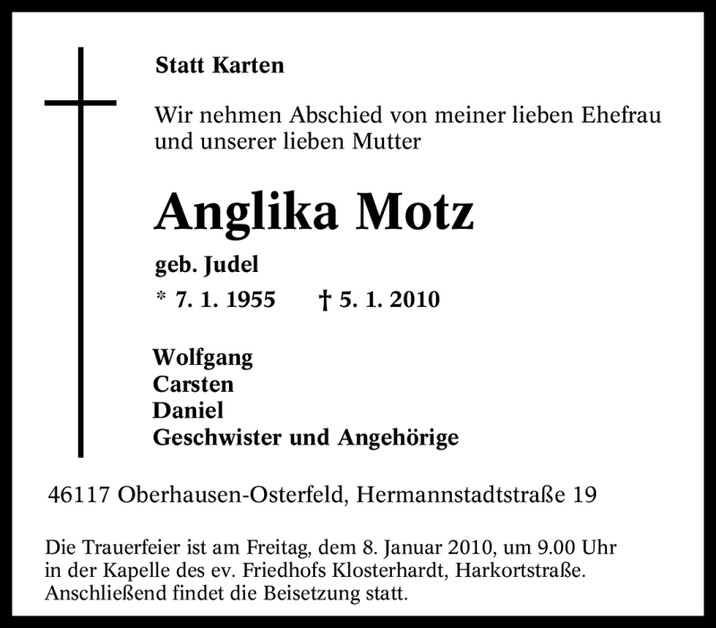  Traueranzeige für Anglika Motz vom 06.01.2010 aus Tageszeitung