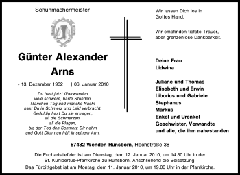 Traueranzeige von Günter Alexander Arns von Tageszeitung