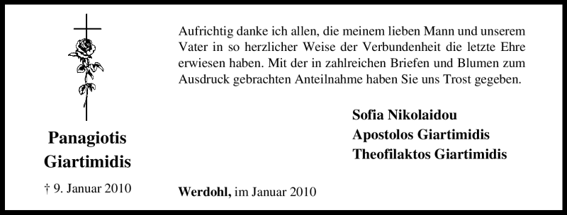 Traueranzeige für Panagiotis Giartimidis vom 30.01.2010 aus Tageszeitung