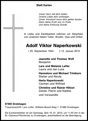 Traueranzeige von Adolf Viktor Naperkowski von Tageszeitung