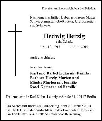 Traueranzeige von Hedwig Herzig von Tageszeitung