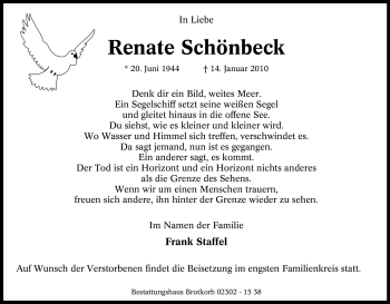 Traueranzeige von Renate Schönbeck von Tageszeitung
