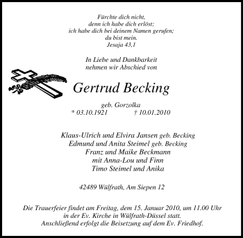 Traueranzeige von Gertrud Becking von Tageszeitung