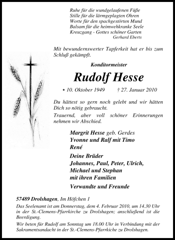 Traueranzeige von Rudolf Hesse von Tageszeitung