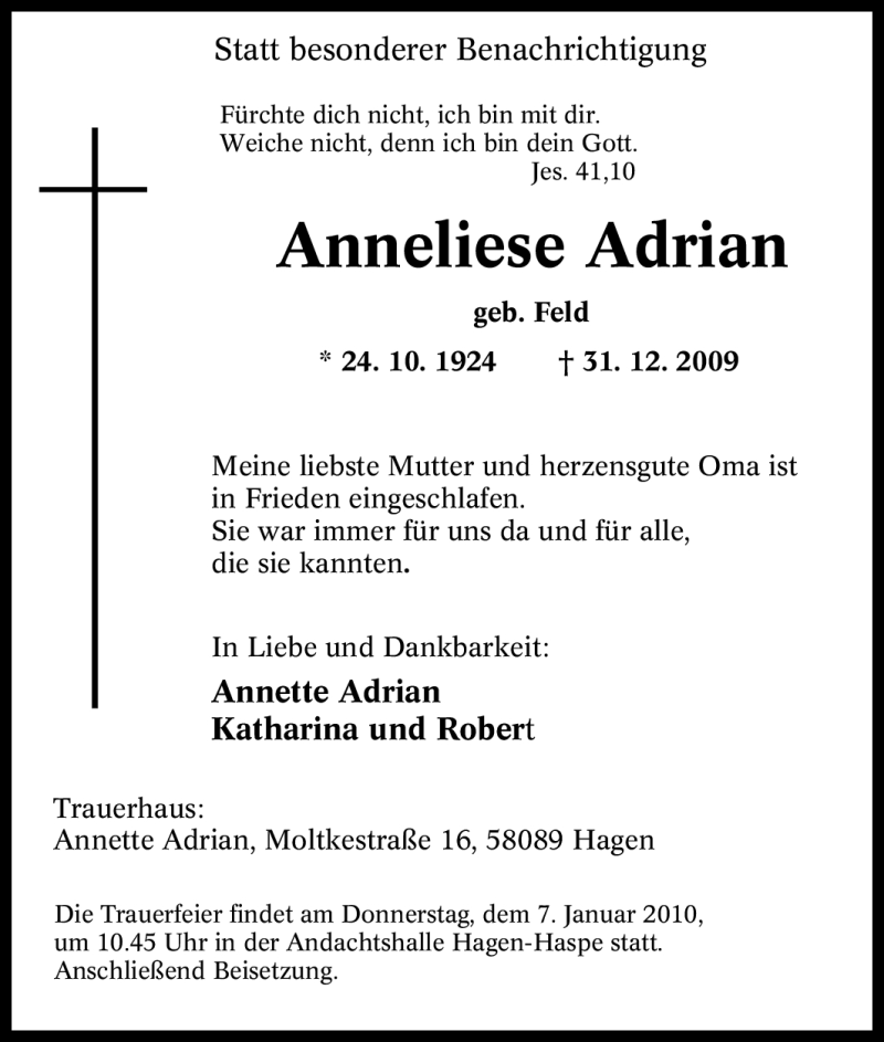  Traueranzeige für Anneliese Adrian vom 06.01.2010 aus Tageszeitung