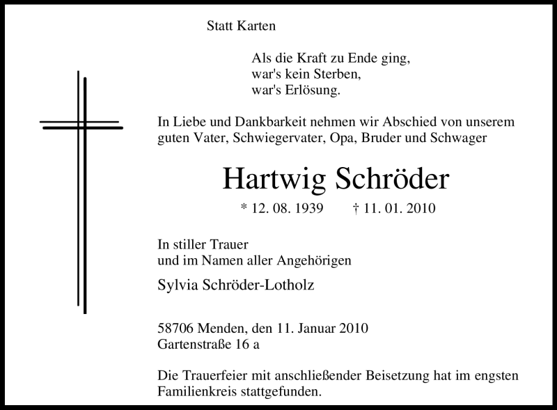  Traueranzeige für Hartwig Schröder vom 16.01.2010 aus Tageszeitung