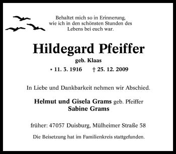 Traueranzeige von Hildegard Pfeiffer von Tageszeitung