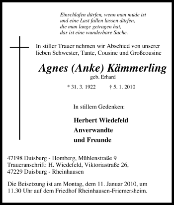 Traueranzeige von Agnes Kämmerling von Tageszeitung