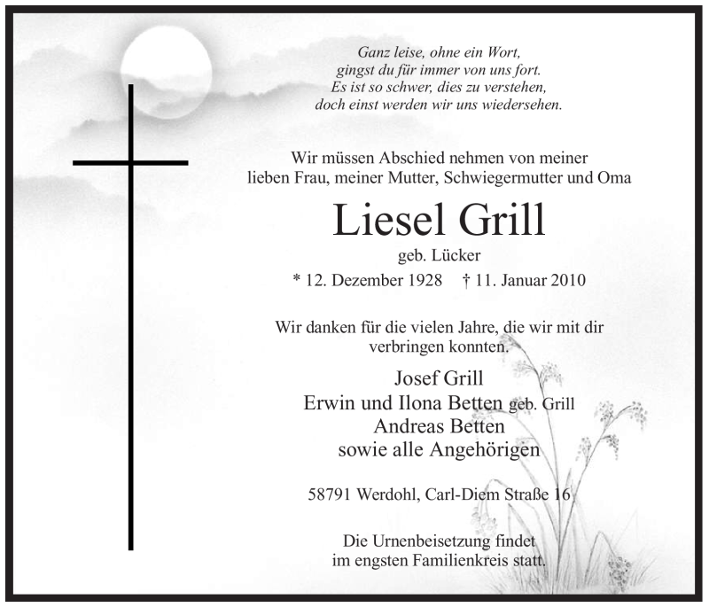  Traueranzeige für Liesel Grill vom 12.01.2010 aus Tageszeitung