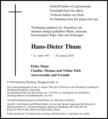 Traueranzeige von Hans-Dieter Thum von Tageszeitung