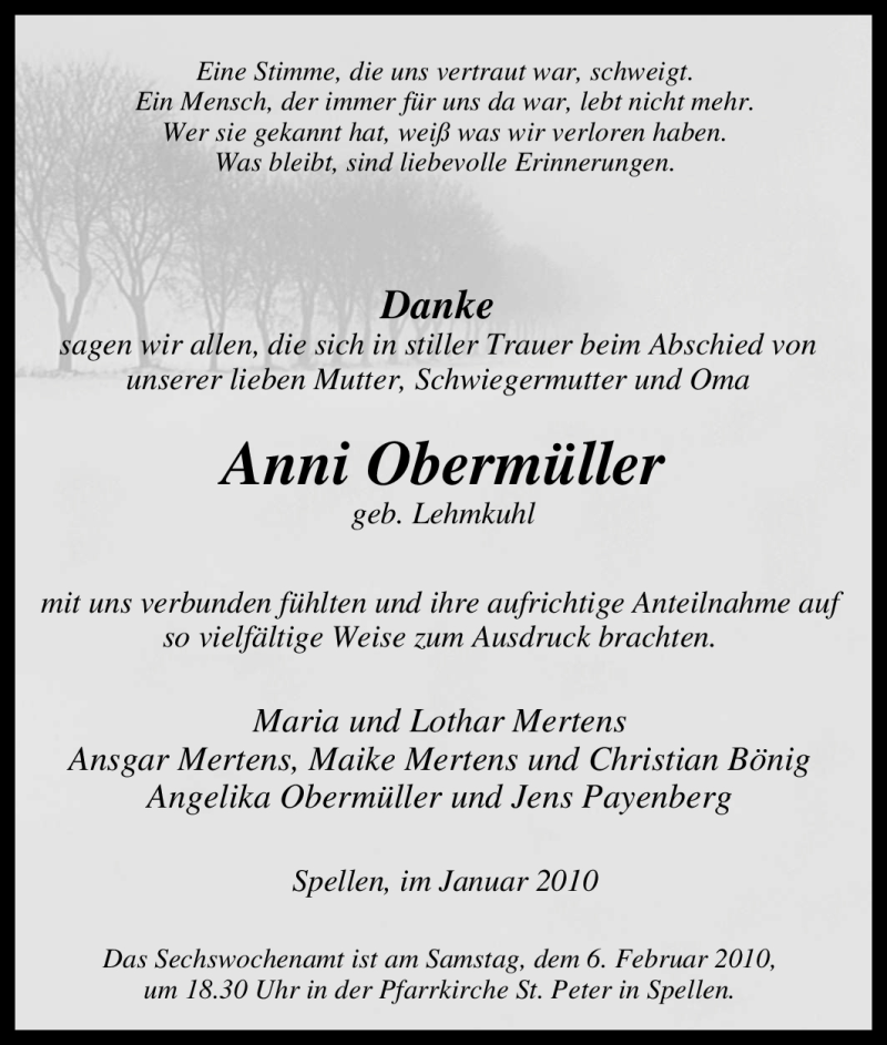  Traueranzeige für Anni Obermüller vom 30.01.2010 aus Tageszeitung