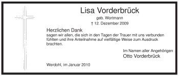 Traueranzeige von Lisa Vorderbrück von Tageszeitung