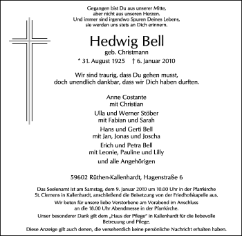 Traueranzeige von Hedwig Bell von Tageszeitung