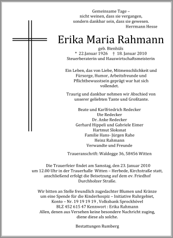 Traueranzeige von Erika Maria Rahmann von Tageszeitung