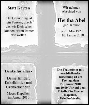 Traueranzeige von Hertha Abel von Tageszeitung